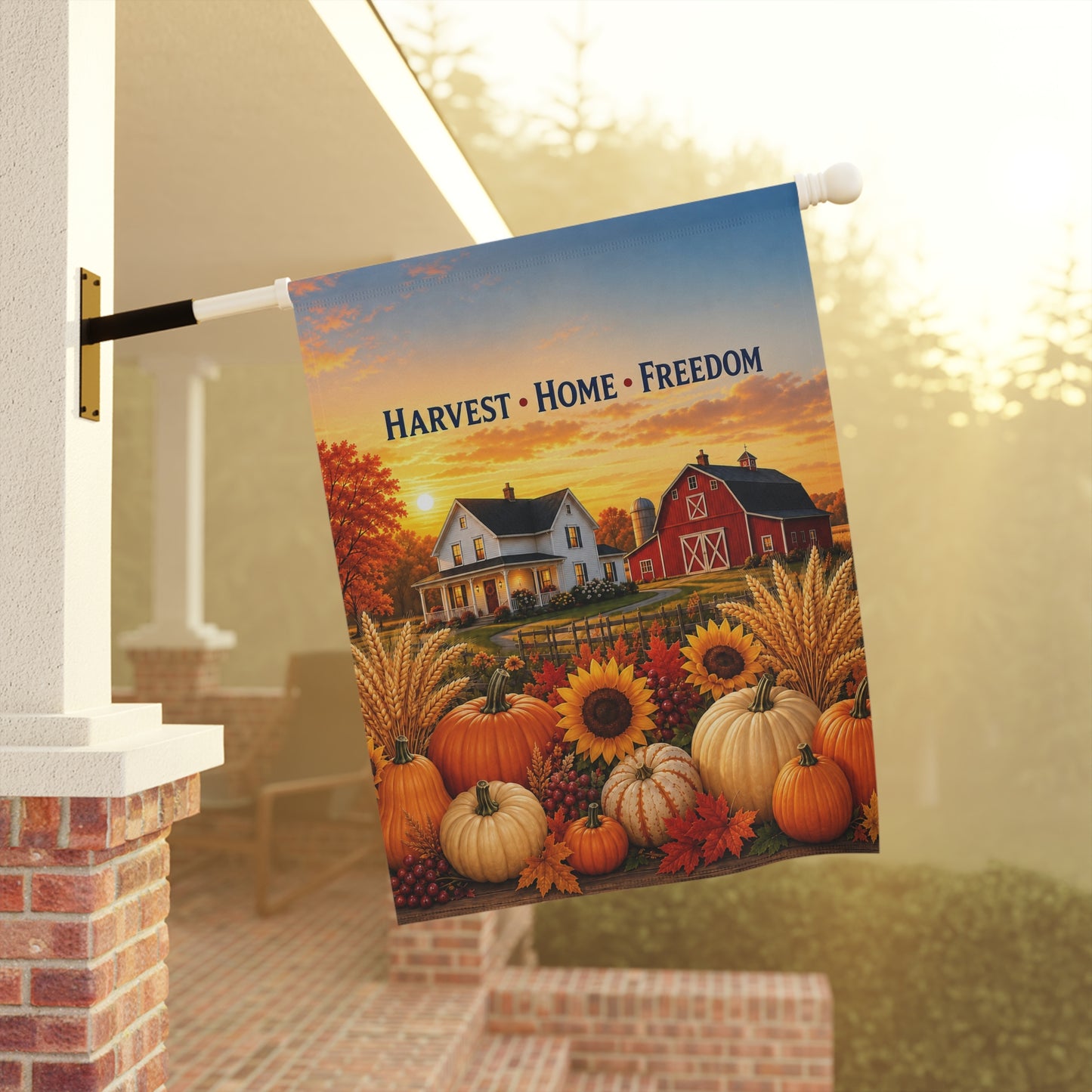 Fall Flag — Harvest Home Freedom, Patriotic Farmhouse Barn & Pumpkin Decor | Garden & House Sizes