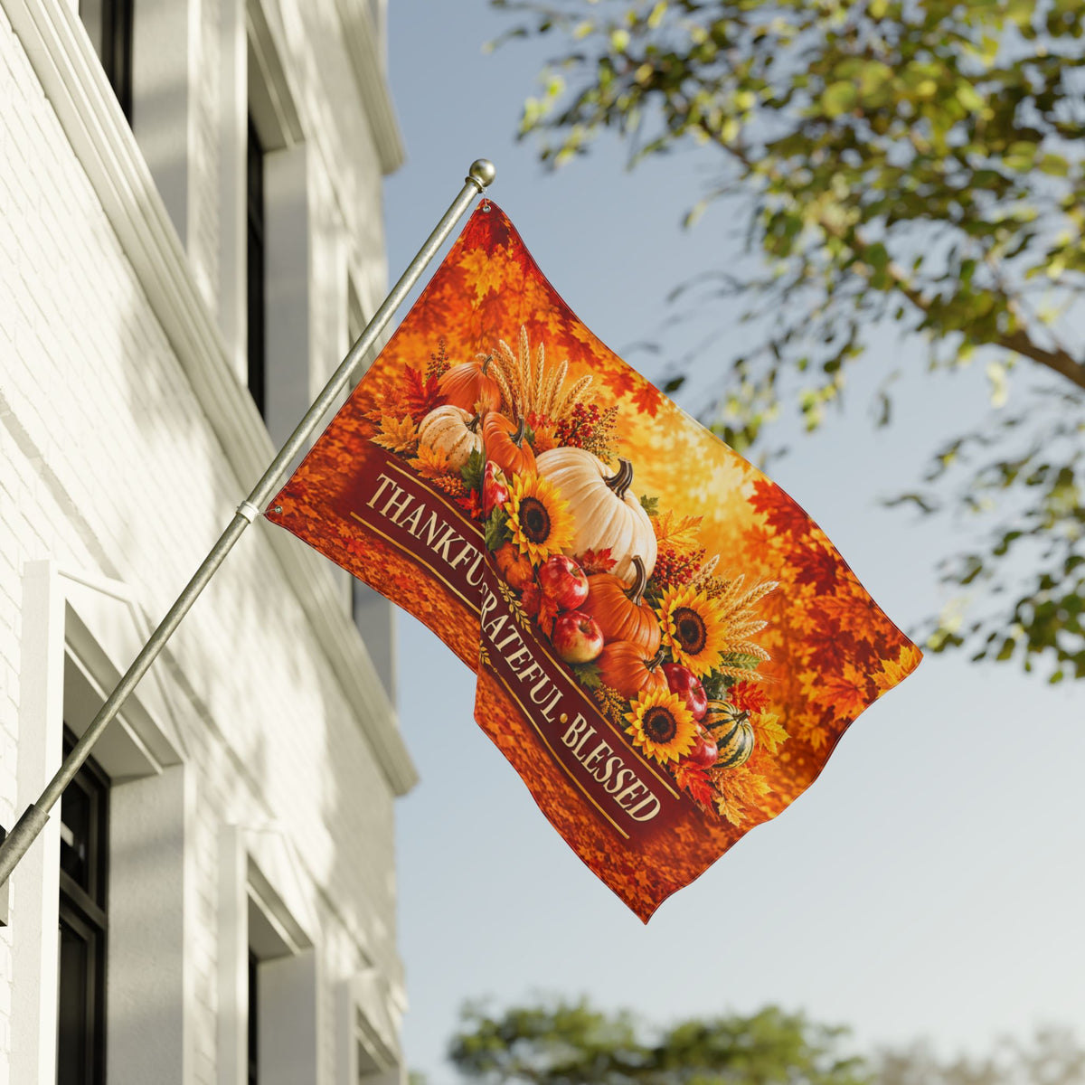 Thanksgiving Flag 3x5 Ft — Thankful Grateful Blessed, Fall Harvest Pumpkin & Sunflower Decor | Double-Sided Grommet Pole Flag