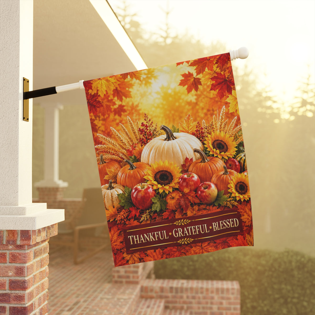 Thanksgiving Flag — Thankful Grateful Blessed, Fall Harvest Pumpkin & Sunflower Decor | Garden & House Sizes