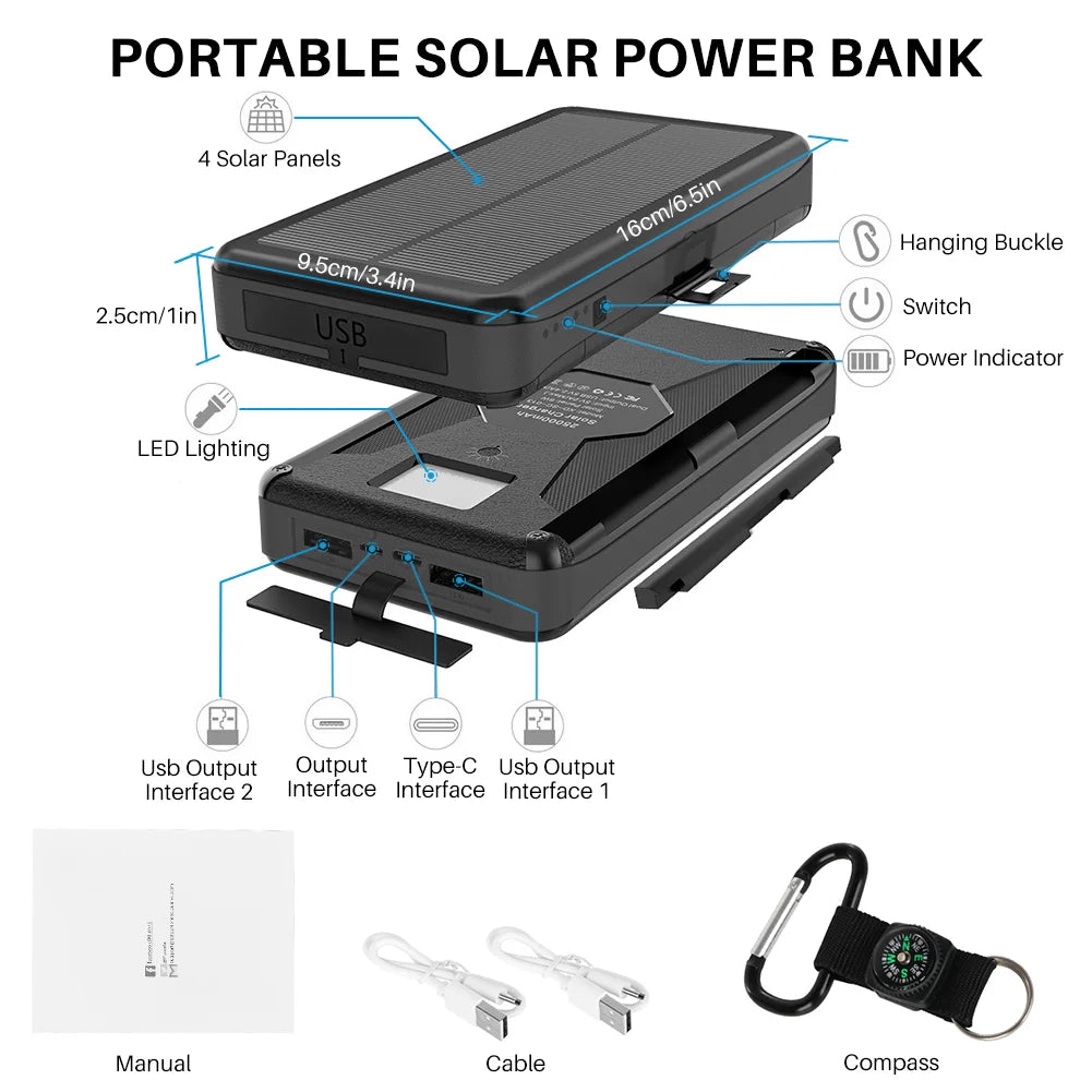 Never Lose Power Outdoors - Rugged Solar Charger w/Compass & 4 Solar Panels - 30,000mAh (Limited Stock)