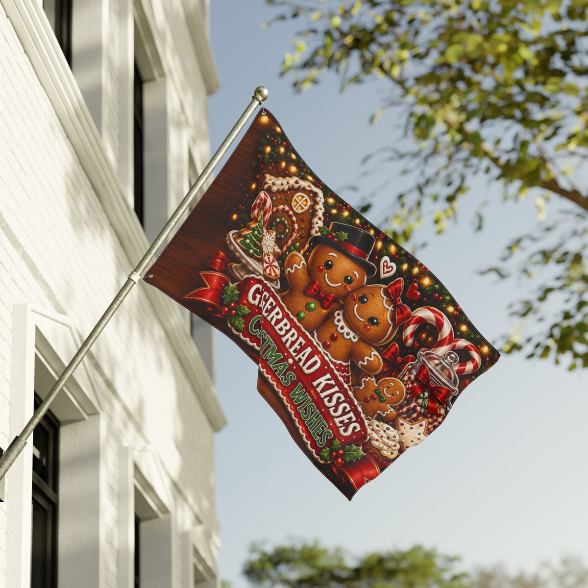Christmas Flag 3x5 Ft — Gingerbread Kisses Christmas Wishes, Cookie & Candy Cane Decor | Double-Sided Grommet Pole Flag