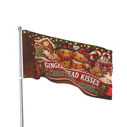 Christmas Flag 3x5 Ft — Gingerbread Kisses Christmas Wishes, Cookie & Candy Cane Decor | Double-Sided Grommet Pole Flag