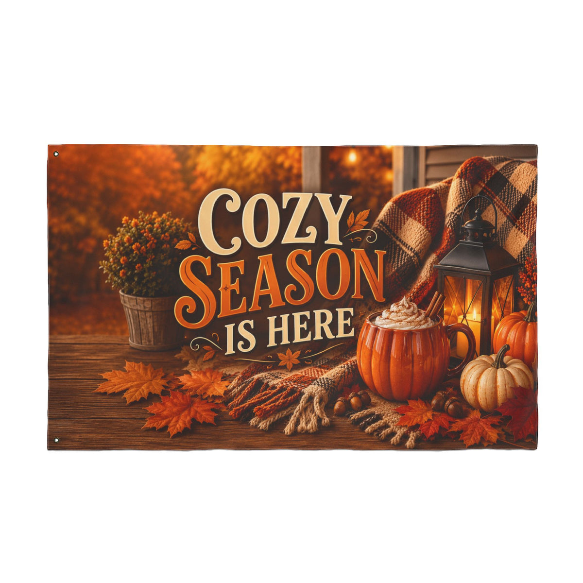 Fall Flag 3x5 Ft — Cozy Season Is Here, Autumn Porch Pumpkin & Lantern Decor | Double-Sided Grommet Pole Flag