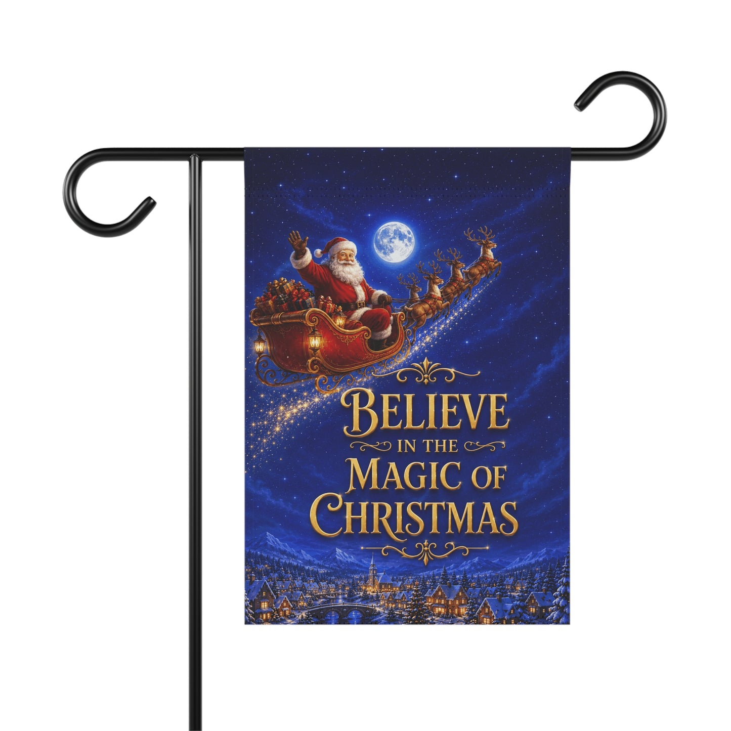 Christmas Flag — Believe in the Magic of Christmas, Santa Sleigh & Village Scene | Garden & House Sizes