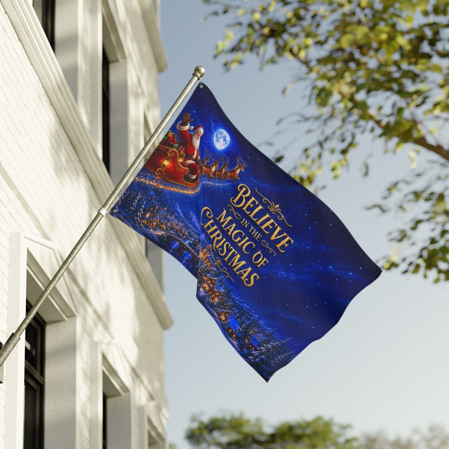 Christmas Flag 3x5 Ft — Believe in the Magic of Christmas, Santa Sleigh & Village Scene | Double-Sided Grommet Pole Flag
