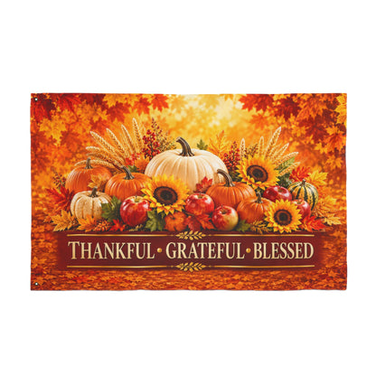 Thanksgiving Flag 3x5 Ft — Thankful Grateful Blessed, Fall Harvest Pumpkin & Sunflower Decor | Double-Sided Grommet Pole Flag