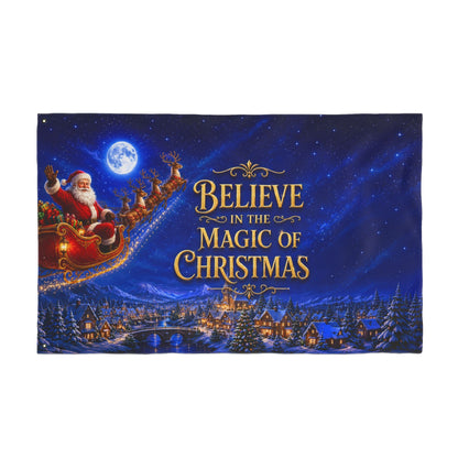 Christmas Flag 3x5 Ft — Believe in the Magic of Christmas, Santa Sleigh & Village Scene | Double-Sided Grommet Pole Flag