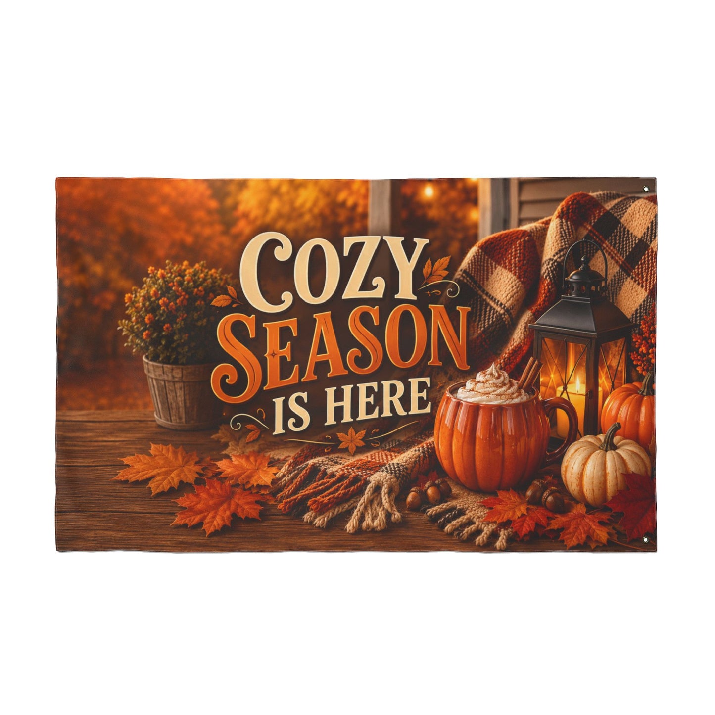 Fall Flag 3x5 Ft — Cozy Season Is Here, Autumn Porch Pumpkin & Lantern Decor | Double-Sided Grommet Pole Flag