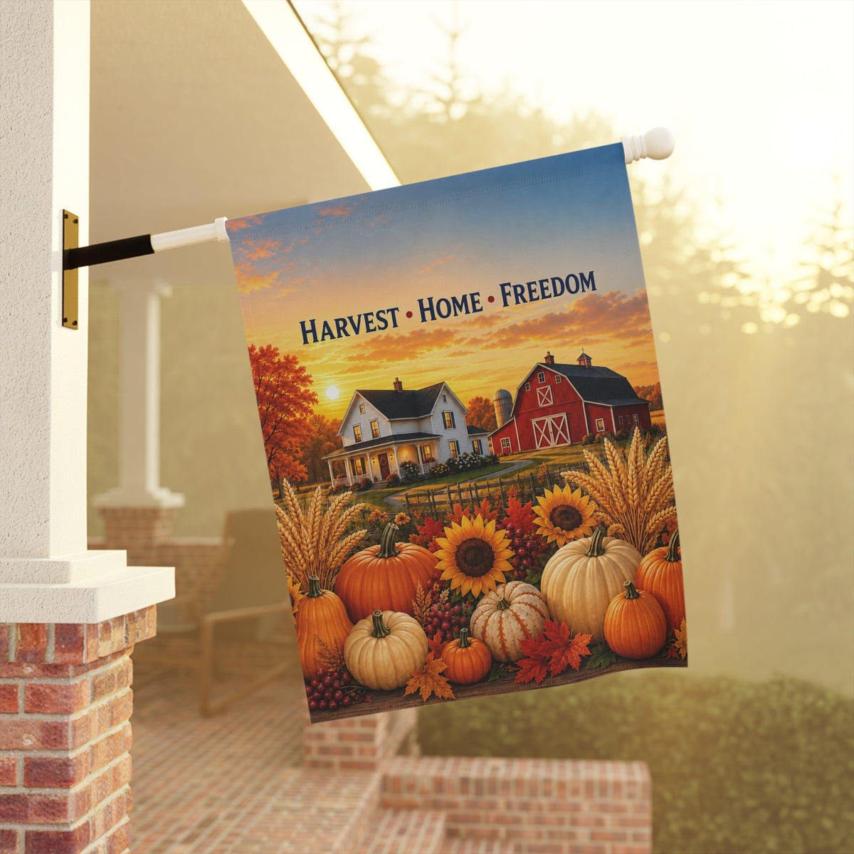 Fall Flag — Harvest Home Freedom, Patriotic Farmhouse Barn & Pumpkin Decor | Garden & House Sizes