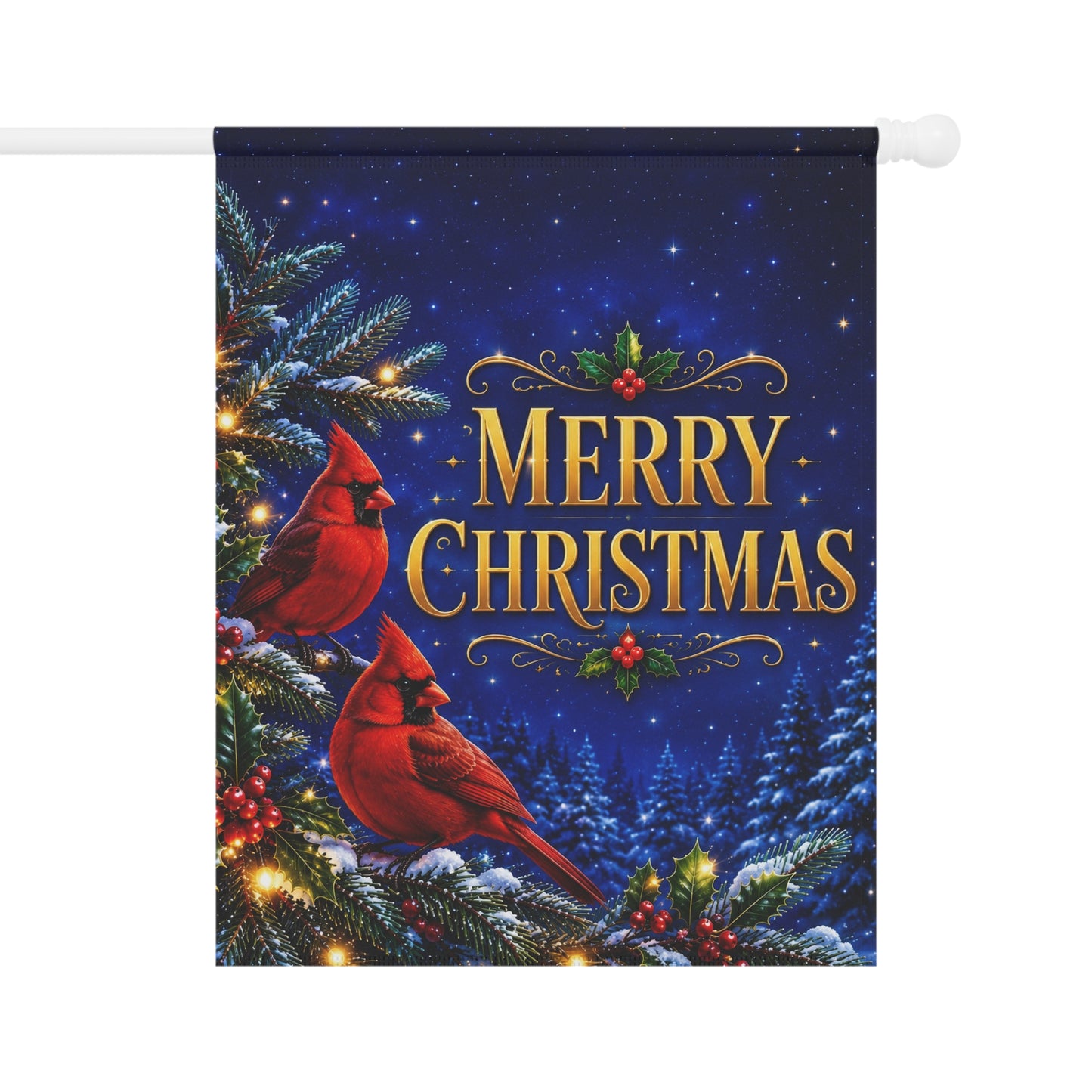 Christmas Flag — Merry Christmas Cardinals, Winter Pine & Holly Decor | Garden & House Sizes