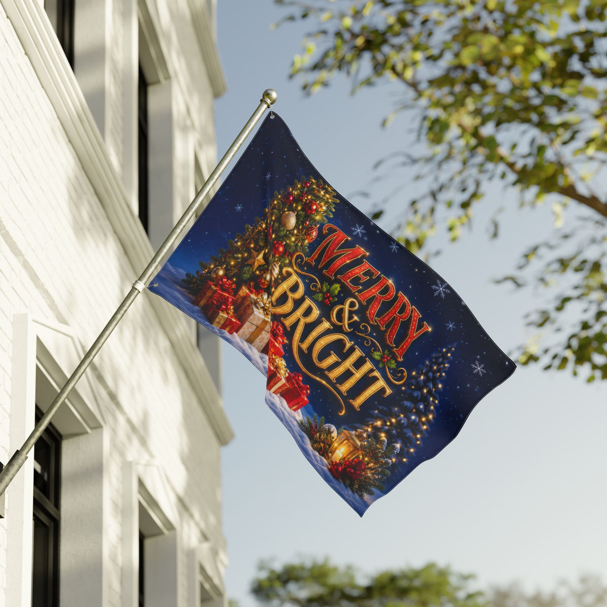 Christmas Flag 3x5 Ft — Merry & Bright, Christmas Tree & Gifts Winter Decor | Double-Sided Grommet Pole Flag