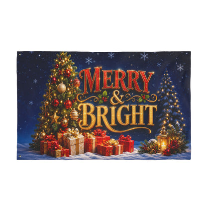 Christmas Flag 3x5 Ft — Merry & Bright, Christmas Tree & Gifts Winter Decor | Double-Sided Grommet Pole Flag