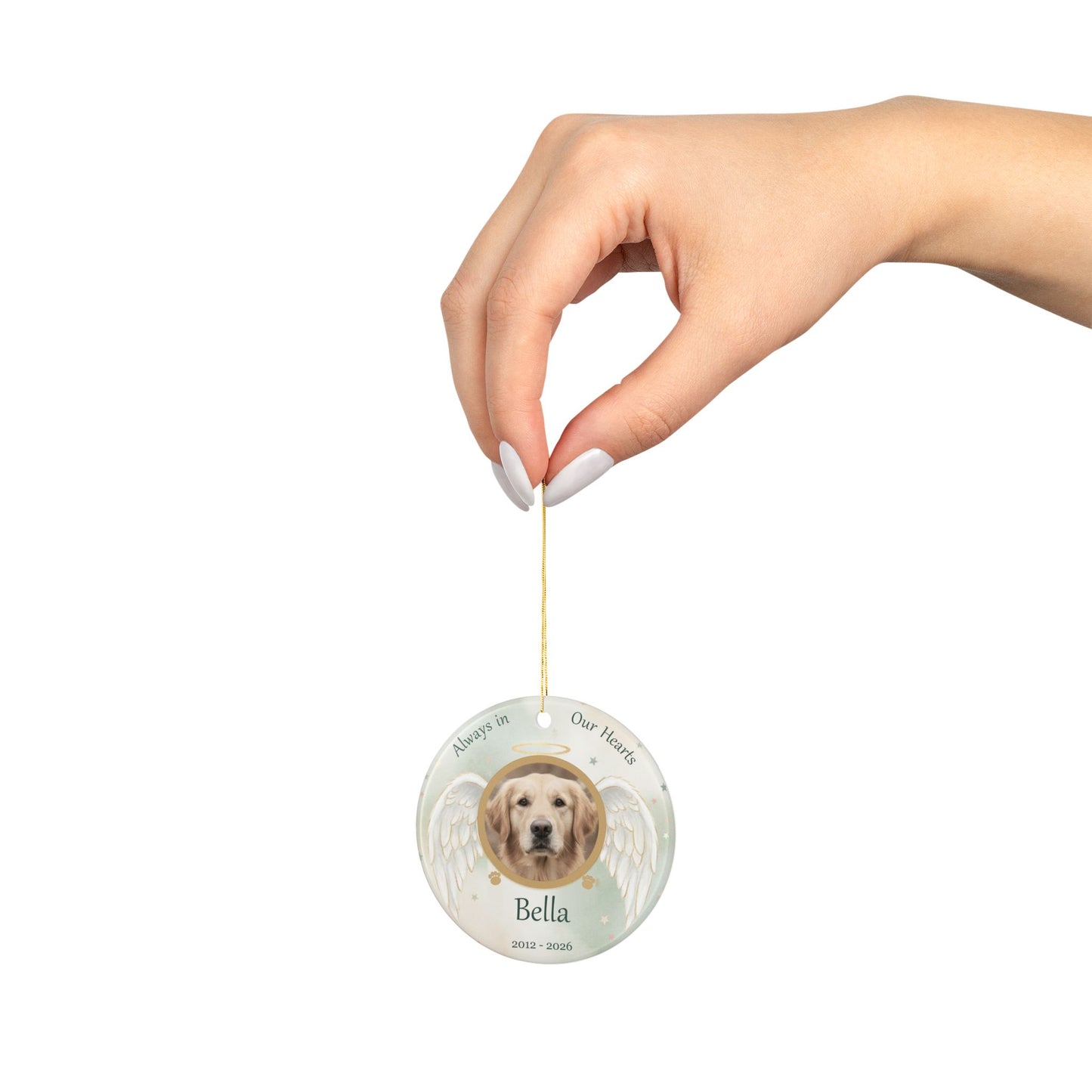 Personalized Pet Memorial Ornament — Angel Wings Ceramic Keepsake with Photo, Name & Dates
