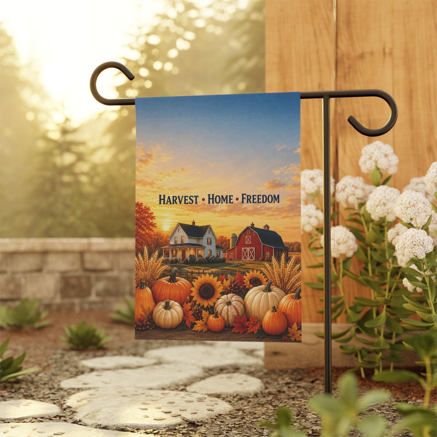 Fall Flag — Harvest Home Freedom, Patriotic Farmhouse Barn & Pumpkin Decor | Garden & House Sizes