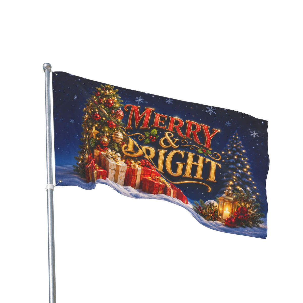 Christmas Flag 3x5 Ft — Merry & Bright, Christmas Tree & Gifts Winter Decor | Double-Sided Grommet Pole Flag