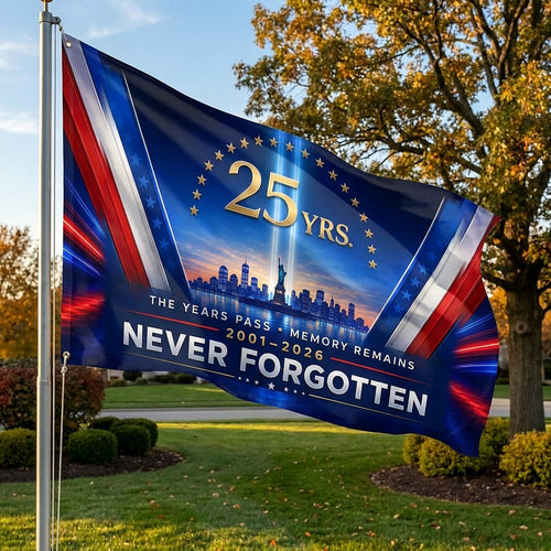9/11 Memorial Flag 3x5 Ft — The Years Pass Memory Remains, 25 Yrs 2001–2026 Never Forgotten | Double-Sided Grommet Pole Flag