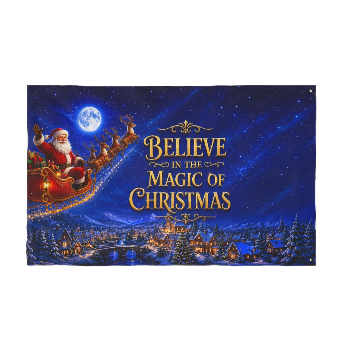 Christmas Flag 3x5 Ft — Believe in the Magic of Christmas, Santa Sleigh & Village Scene | Double-Sided Grommet Pole Flag