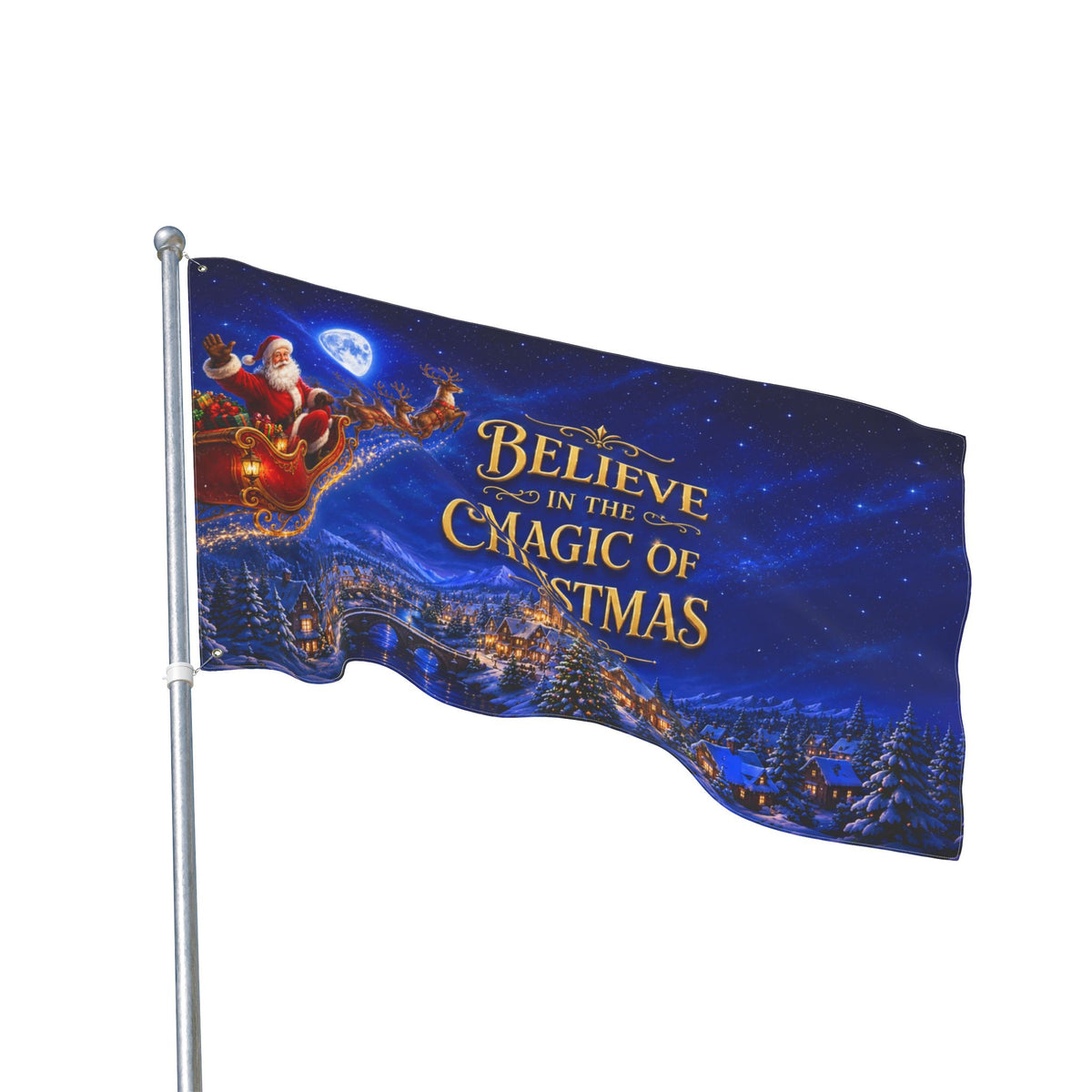 Christmas Flag 3x5 Ft — Believe in the Magic of Christmas, Santa Sleigh & Village Scene | Double-Sided Grommet Pole Flag