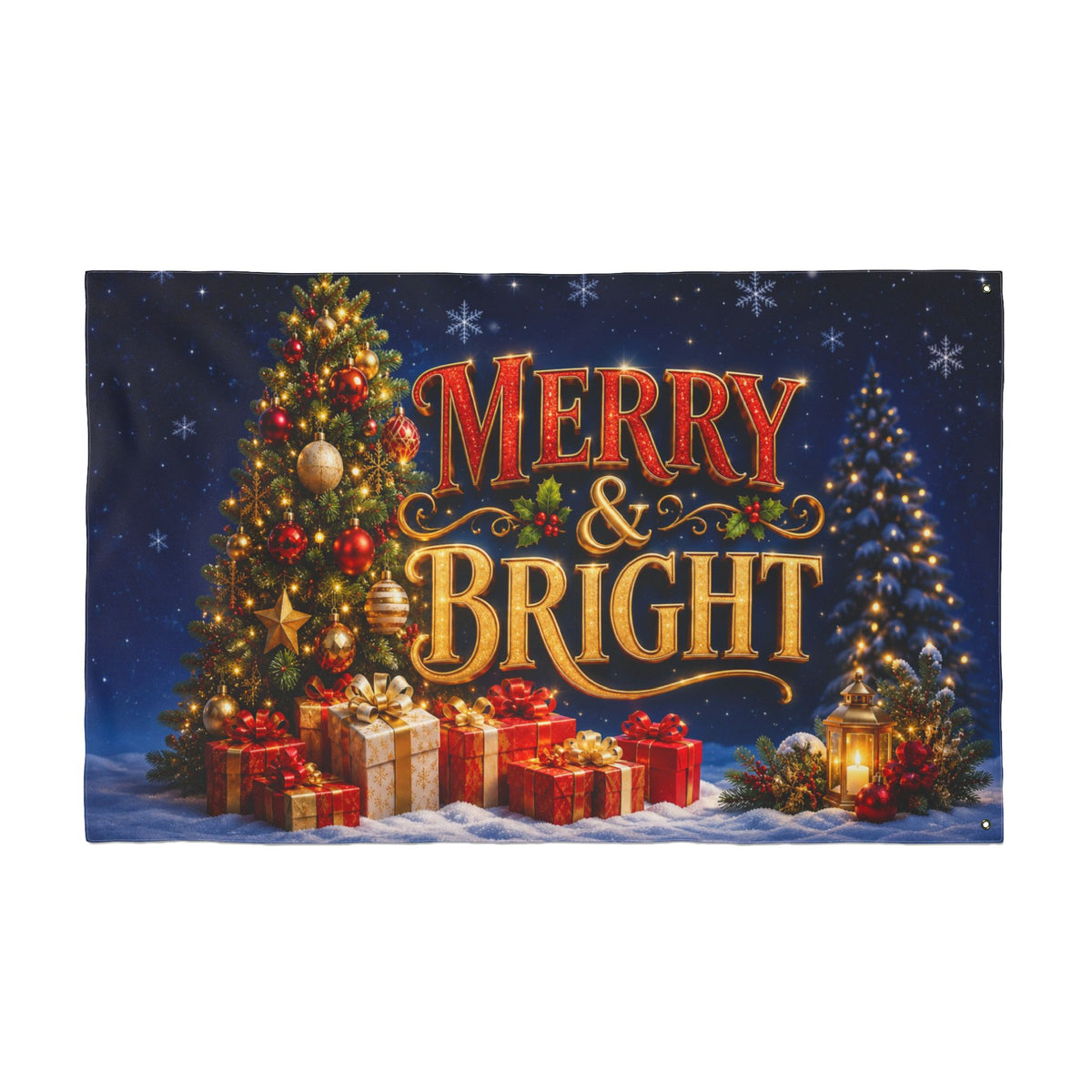 Christmas Flag 3x5 Ft — Merry & Bright, Christmas Tree & Gifts Winter Decor | Double-Sided Grommet Pole Flag
