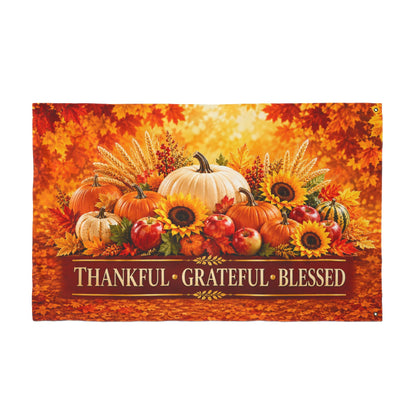 Thanksgiving Flag 3x5 Ft — Thankful Grateful Blessed, Fall Harvest Pumpkin & Sunflower Decor | Double-Sided Grommet Pole Flag