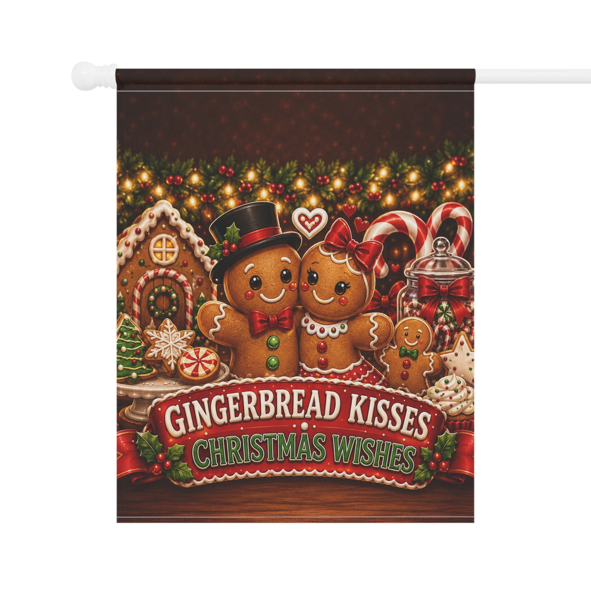 Christmas Flag — Gingerbread Kisses Christmas Wishes, Cookie & Candy Cane Decor | Garden & House Sizes