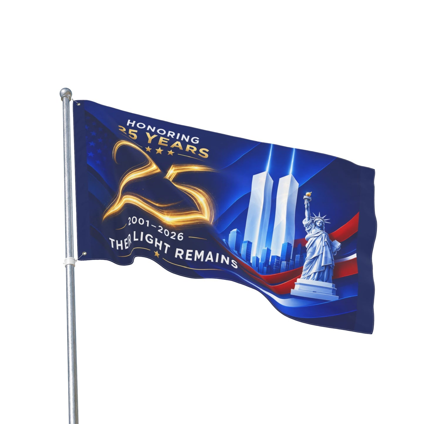 9/11 Memorial Pole Flag — Their Light Remains, 25th Anniversary 2001–2026, Double-Sided 36″ × 60″ Patriot Day Tribute