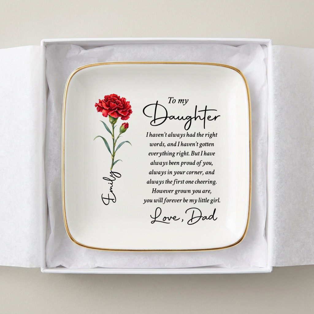 To My Daughter Personalized Birth Flower Jewelry Dish – "Forever My Little Girl" Custom Name Gift from Dad