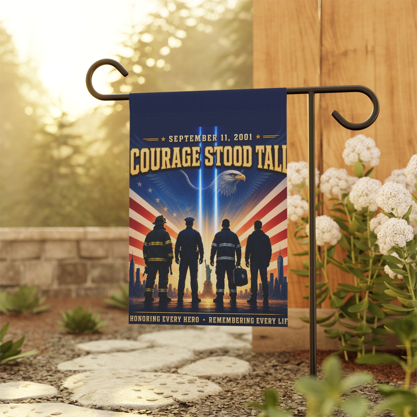 9/11 Memorial Flag — Courage Stood Tall, First Responder Tribute | Garden & House Sizes