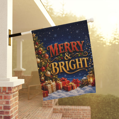 Christmas Flag — Merry & Bright, Christmas Tree & Gifts Winter Decor | Garden & House Sizes