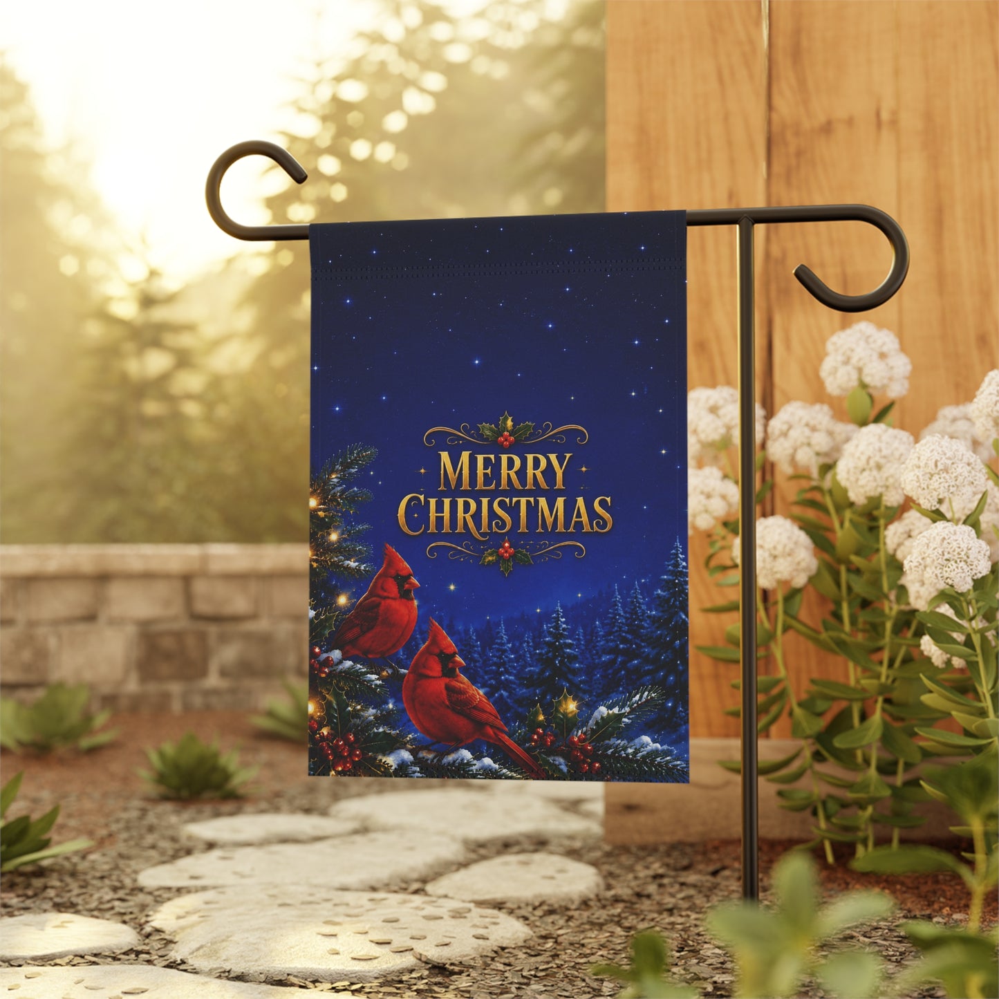 Christmas Flag — Merry Christmas Cardinals, Winter Pine & Holly Decor | Garden & House Sizes