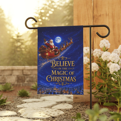 Christmas Flag — Believe in the Magic of Christmas, Santa Sleigh & Village Scene | Garden & House Sizes
