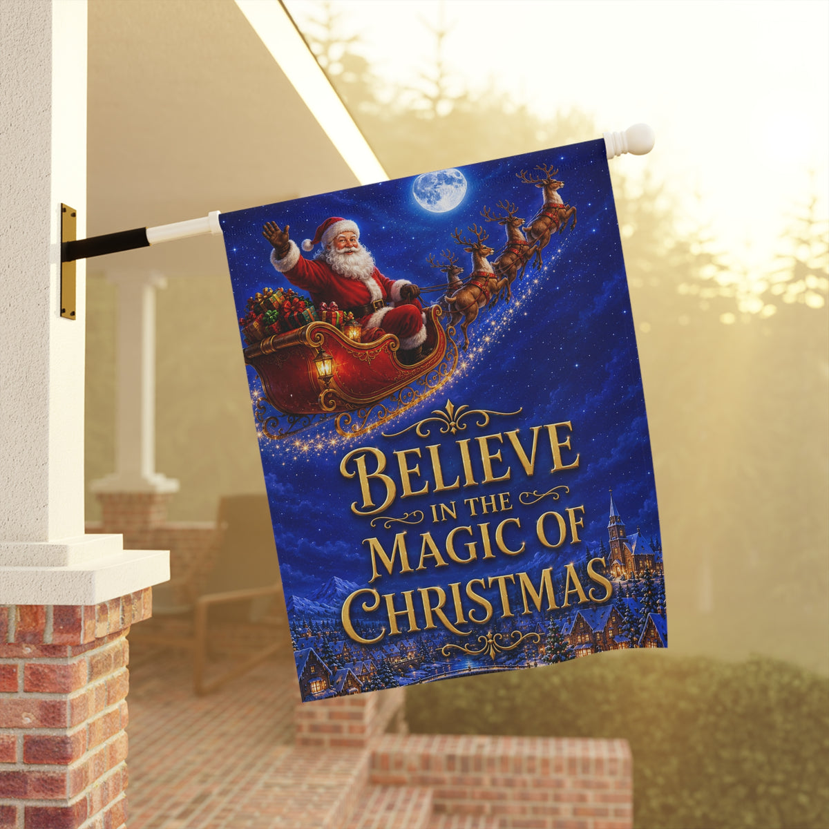 Christmas Flag — Believe in the Magic of Christmas, Santa Sleigh & Village Scene | Garden & House Sizes