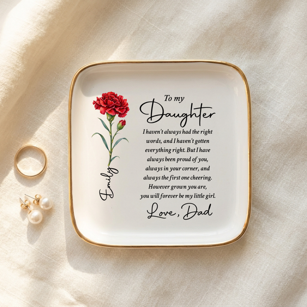 To My Daughter Personalized Birth Flower Jewelry Dish – "Forever My Little Girl" Custom Name Gift from Dad