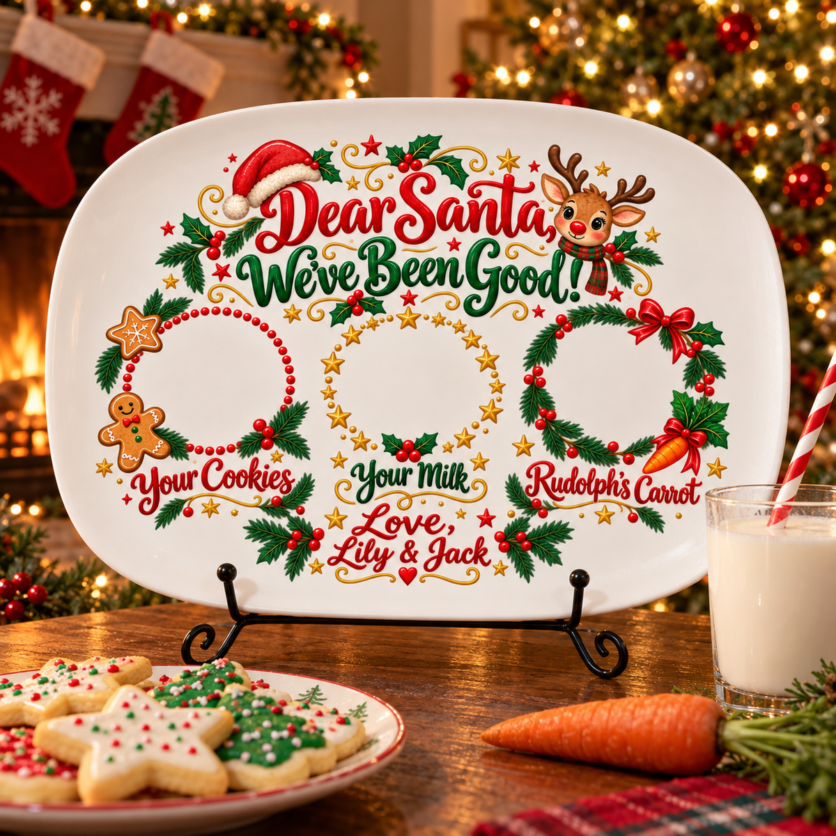 Dear Santa We've Been Good personalized platter on a black metal stand by the fireplace with cookies, milk and a carrot