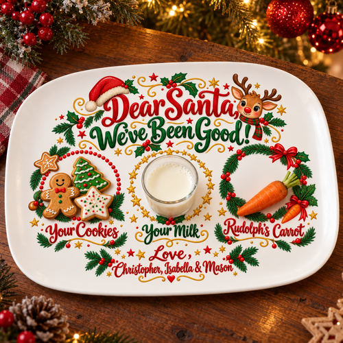 Cookies, milk and a carrot for Rudolph in the three wreaths of a personalized We've Been Good platter