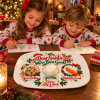 Two kids in Christmas pajamas writing letters to Santa next to their We've Been Good platter