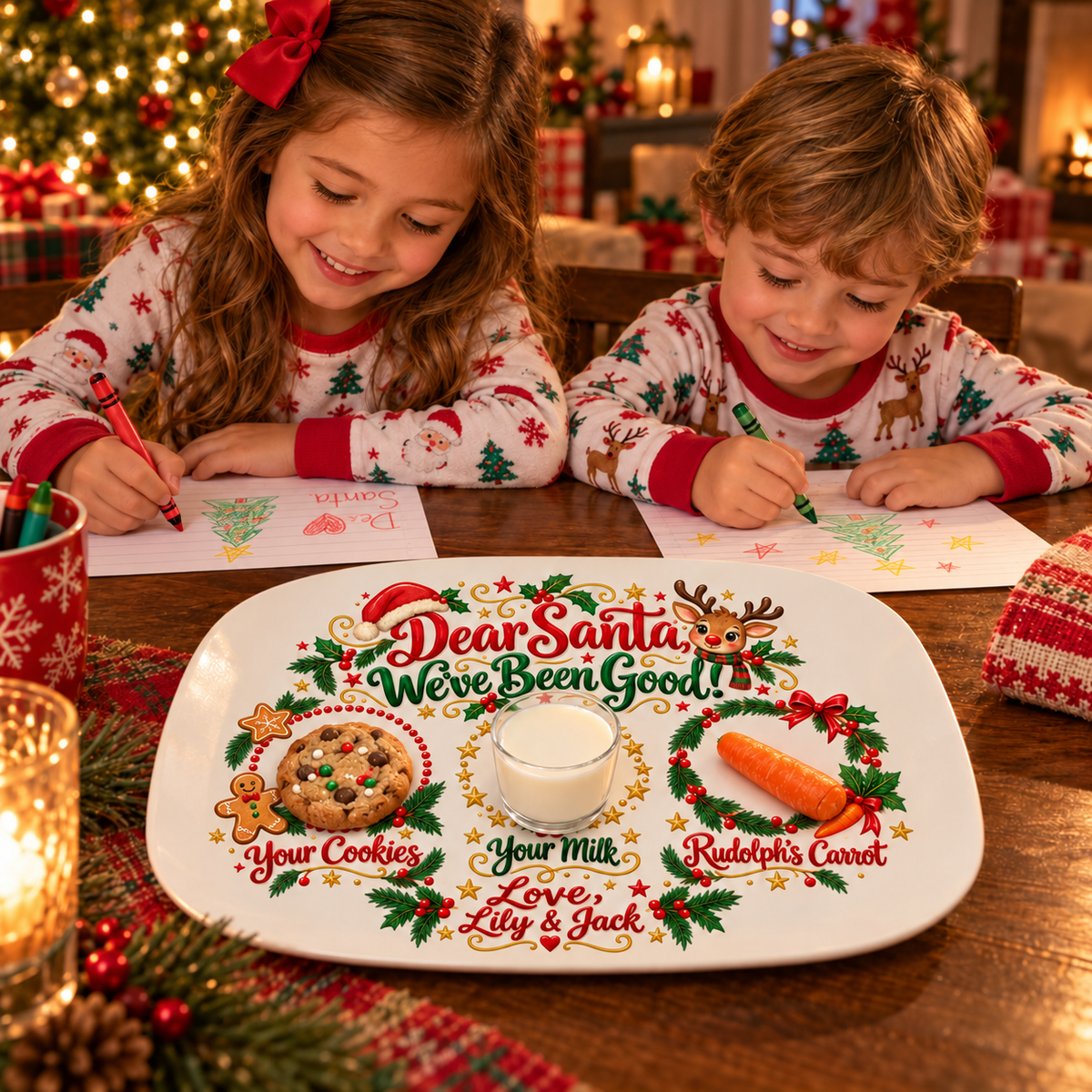 Two kids in Christmas pajamas writing letters to Santa next to their We've Been Good platter