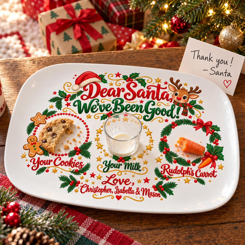 Christmas morning: bitten cookie, empty milk and chewed carrot on the platter with a thank-you note from Santa