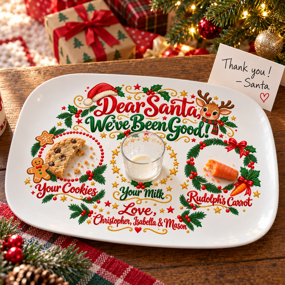 Christmas morning: bitten cookie, empty milk and chewed carrot on the platter with a thank-you note from Santa