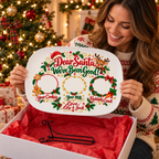 Mom unboxing a personalized We've Been Good platter with display stand in a gift box