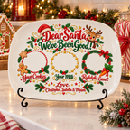 We've Been Good platter displayed on a stand on a Christmas kitchen counter
