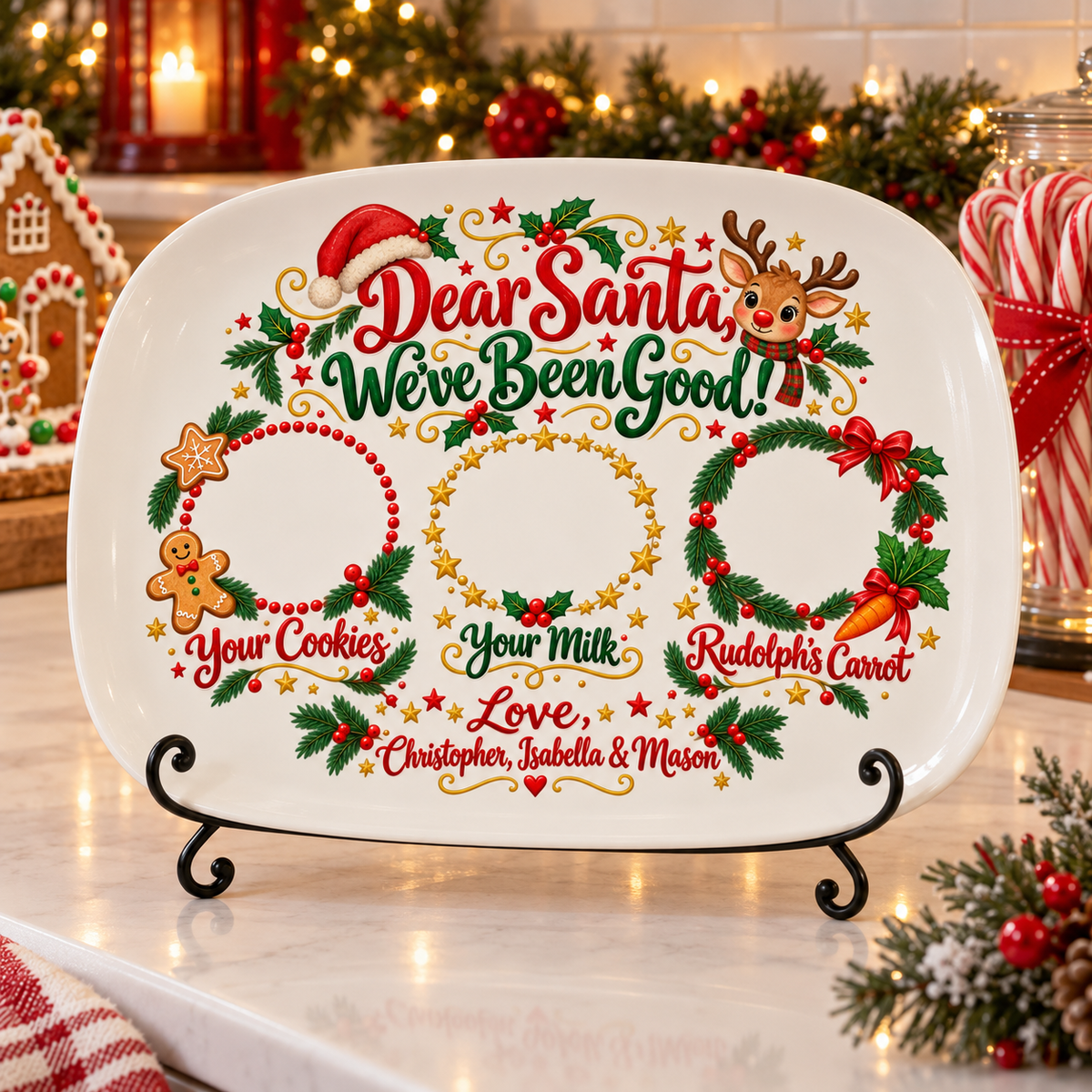 We've Been Good platter displayed on a stand on a Christmas kitchen counter