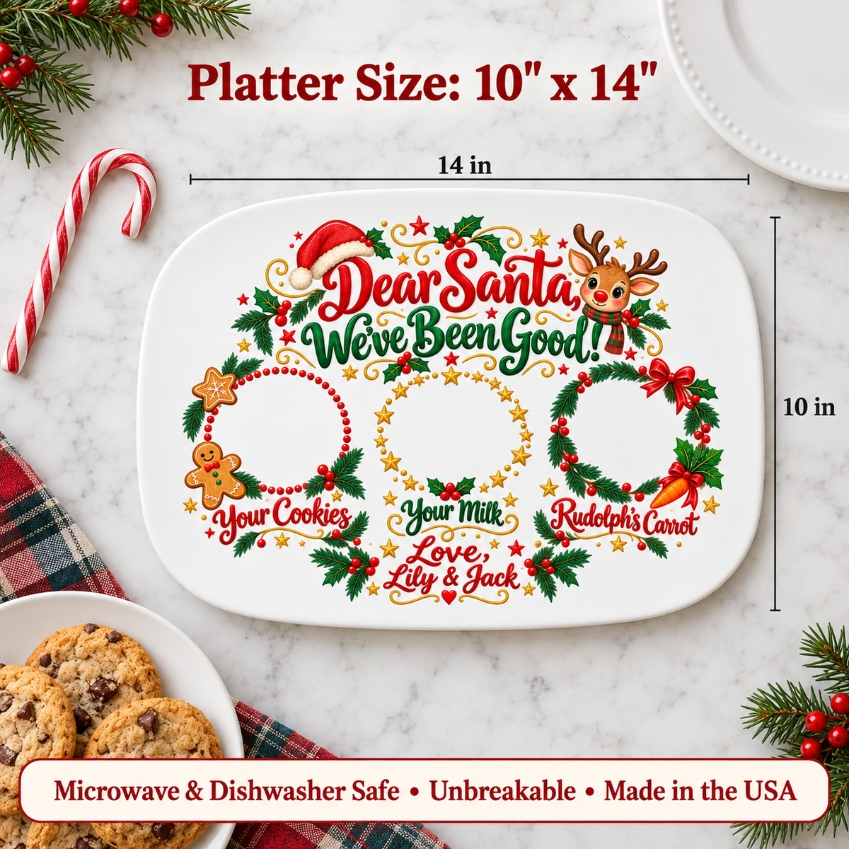 Platter size 10 x 14 inches, microwave and dishwasher safe, unbreakable, made in the USA