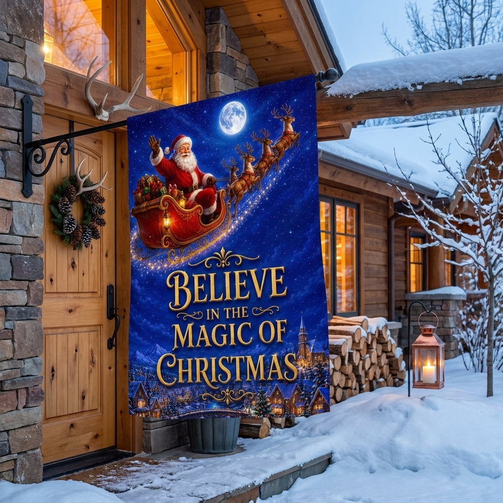 Believe in the Magic of Christmas house flag beside a knotty pine lodge door