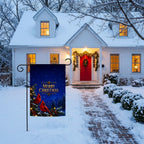 Merry Christmas Cardinals garden flag outside a white cape cod with a red door