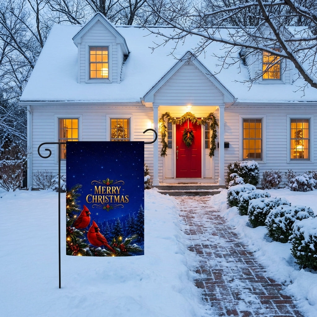 Merry Christmas Cardinals garden flag outside a white cape cod with a red door