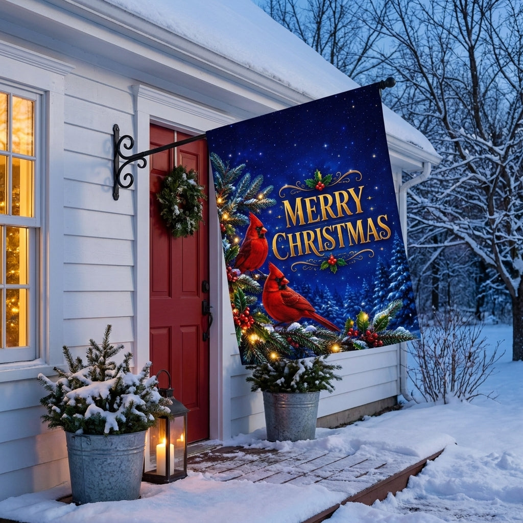Merry Christmas Cardinals house flag beside a barn red farmhouse door in snow