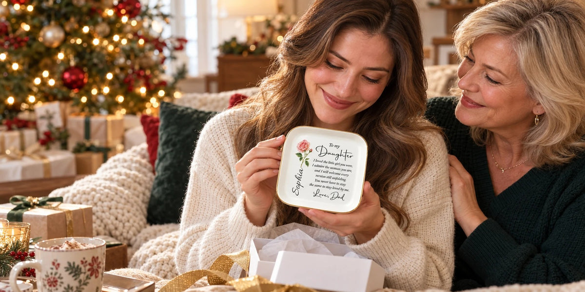 Daughter opening a personalized To My Daughter jewelry dish from Dad on Christmas morning, with her mother beside her