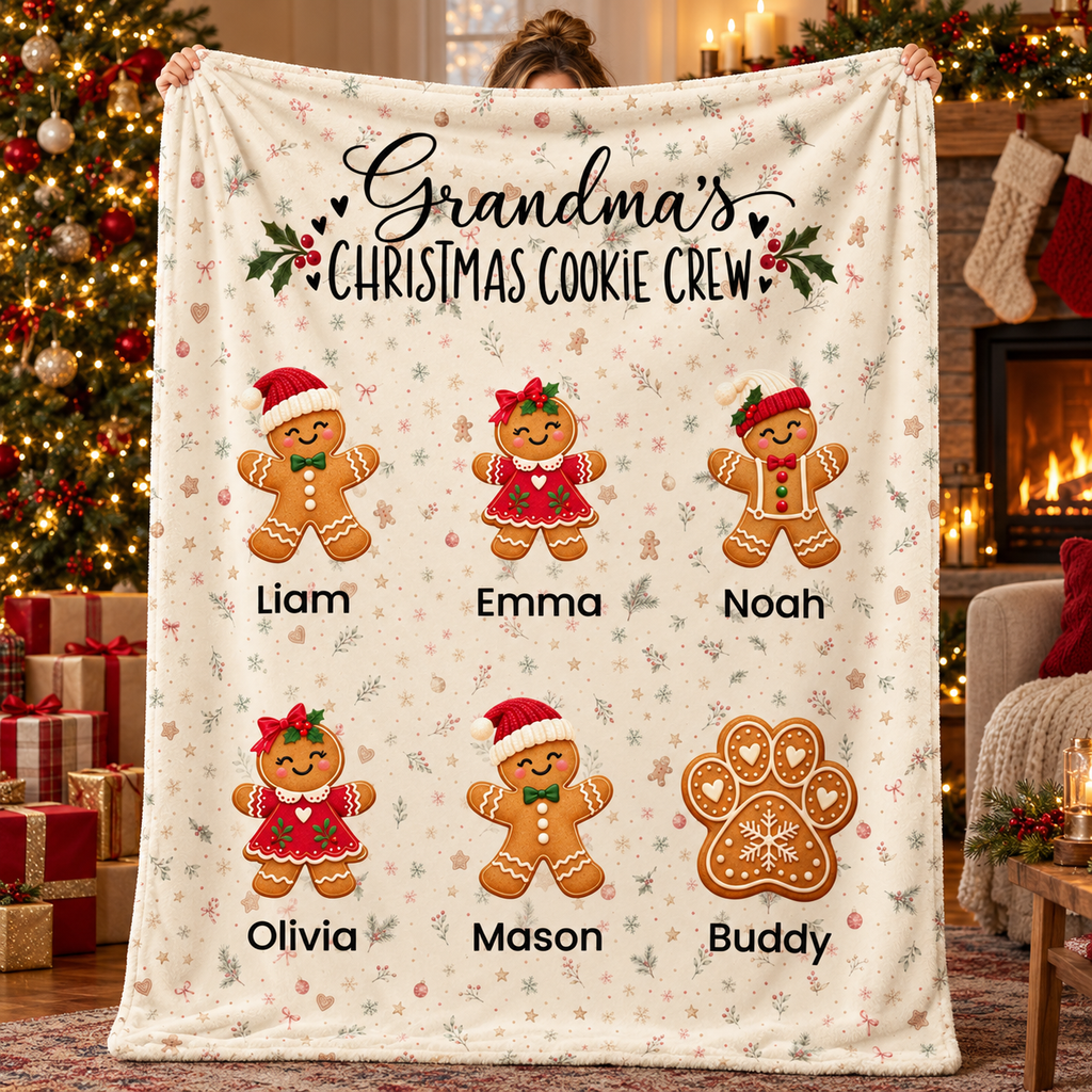 Grandma's Christmas Cookie Crew personalized blanket held up in a Christmas living room