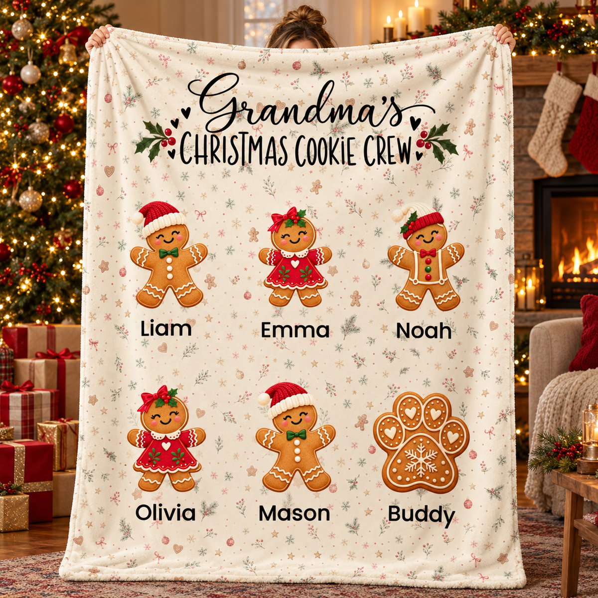 Grandma's Christmas Cookie Crew personalized blanket held up in a Christmas living room